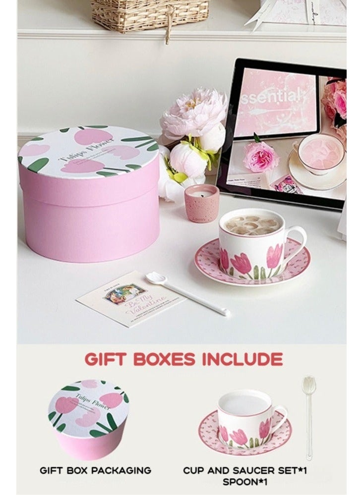 WALALLA Mug Retro Tulip Coffee Cup and Saucer Set, High-Value Exquisite Mug Saucer Afternoon Tea Ceramic Cup and Saucer Set with Spoon  and  Gift Box Teacup Pottery Coffee Cup - Image 1